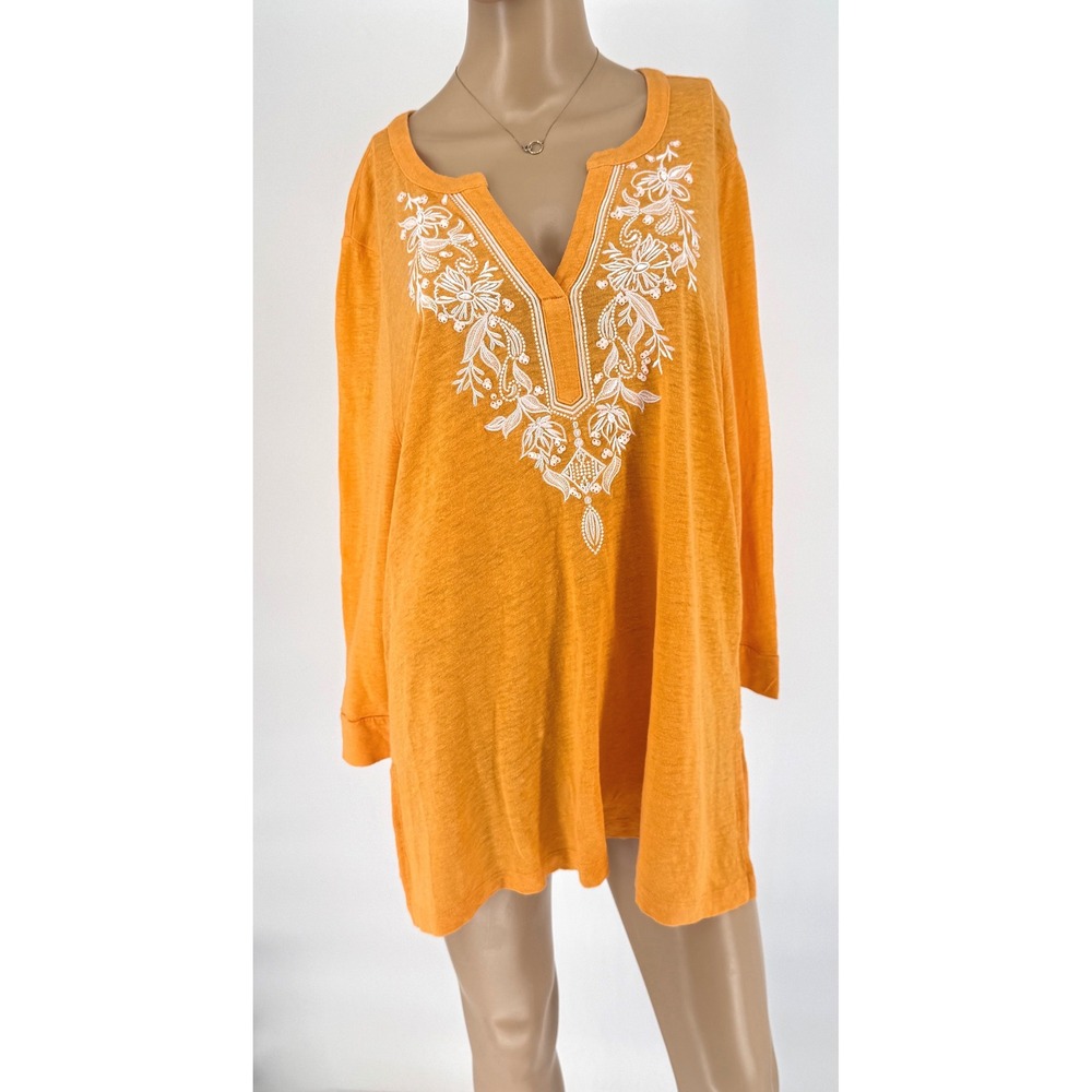 Chicos Orange 100% Linen Embroidered Split Neck Tunic Top Size 3 XL